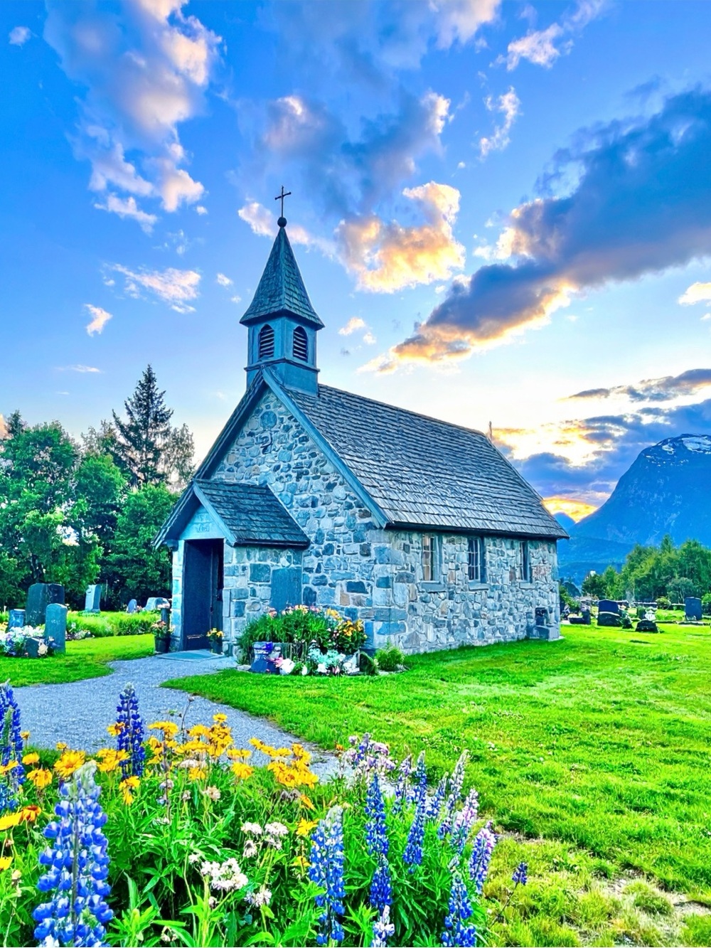 Scenic Stone Chapel Photography Print in Blue and Green